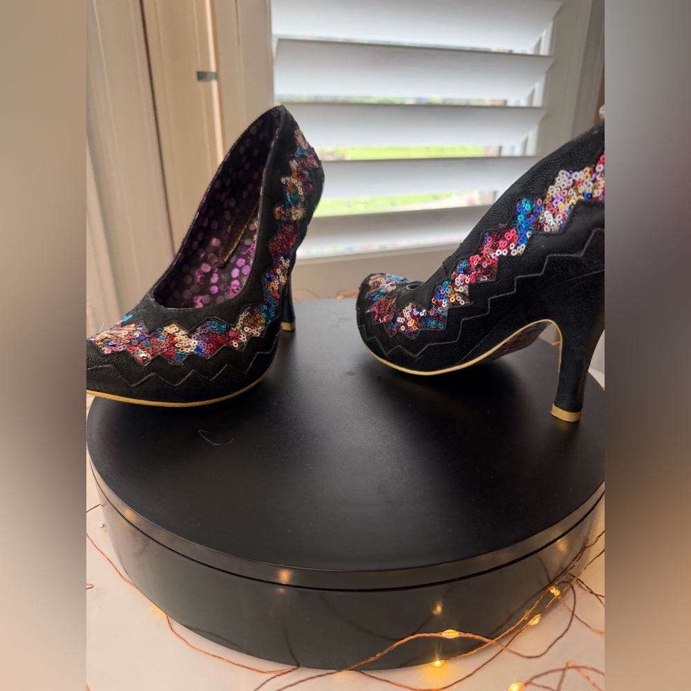 Poetic License by Irregular Choice Women's Black Sequin Zigzag High Heels, 39/8 - Picture 5 of 14
